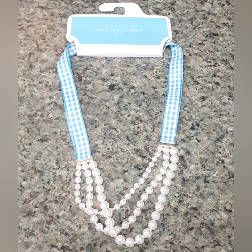 Draper James RSVP Gold & Pearl blue checkered Ribbon Necklace